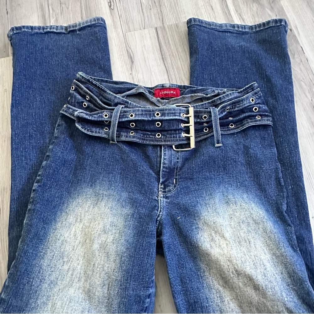 Retro LIQUID X Jeans Size 4/6 Flare Leg Built in Triple Prong 3" Wide Denim Belt - Picture 6 of 6